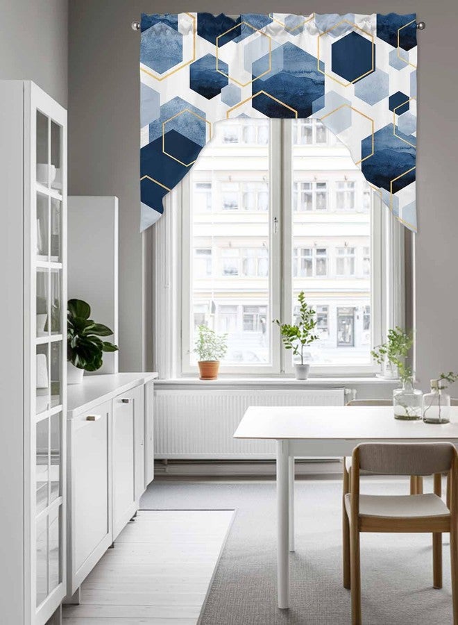 Jolunifun Blue Gold Swag Valance Kitchen Curtains, Rod Pocket Valance Curtain Panels for Bedroom Living Room Bathroom Cafe Windows, Gradual Modern Abstract Geometric White 56''x36'' - Image 5